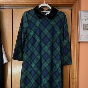 Plaid Green and Blue Dress with Black Velvet Collar. Excellent Condition.